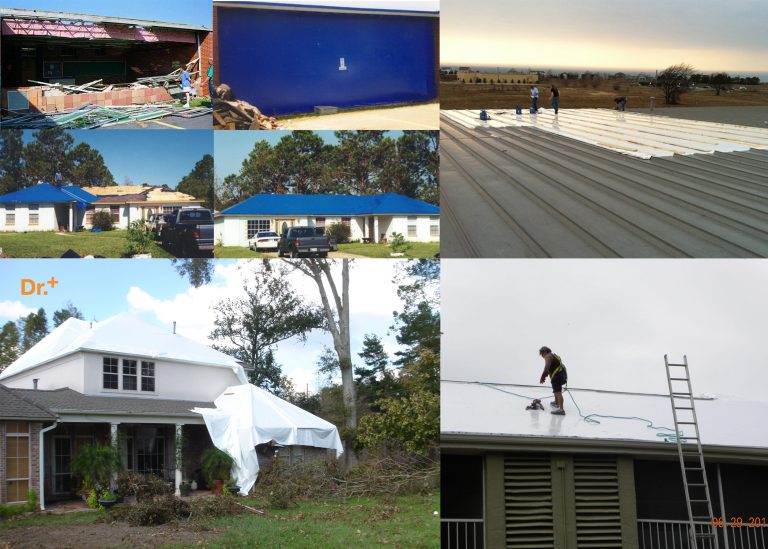Collage of roofs fixing damages